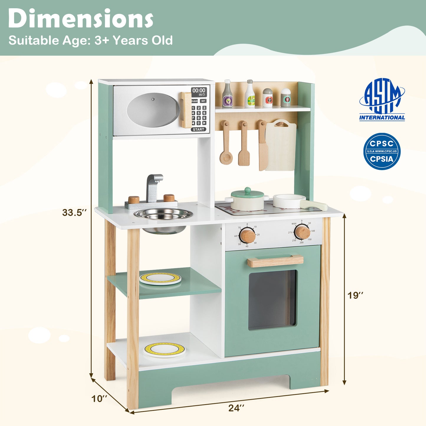 Play Kitchen Wooden Toy Kitchen Playset with Chalkboard Birthday Gift for Kids Aged 3 +-Green