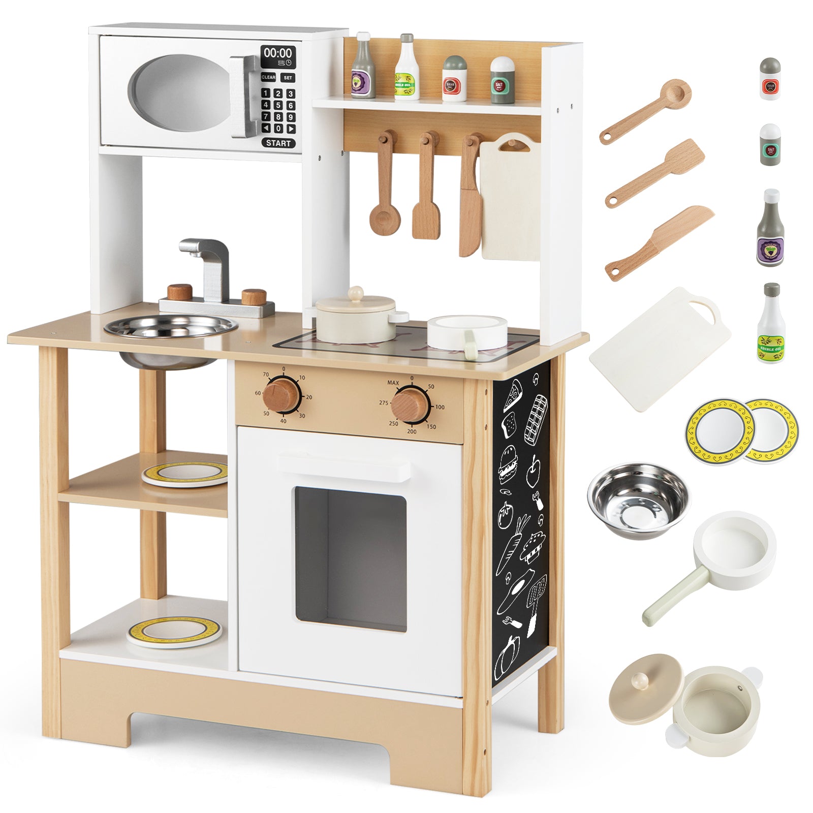 Play Kitchen Wooden Toy Kitchen Playset with Chalkboard Birthday Gift for Kids Aged 3 +-White