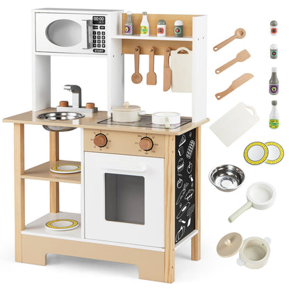 Play Kitchen Wooden Toy Kitchen Playset with Chalkboard Birthday Gift for Kids Aged 3 +-White