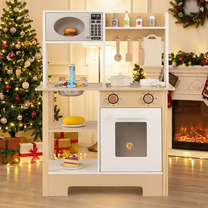 Play Kitchen Wooden Toy Kitchen Playset with Chalkboard Birthday Gift for Kids Aged 3 +-White