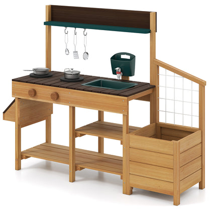 Play Kitchen for Kids Wooden Toy Kitchen Playset Pretend Mud Kitchen-Brown