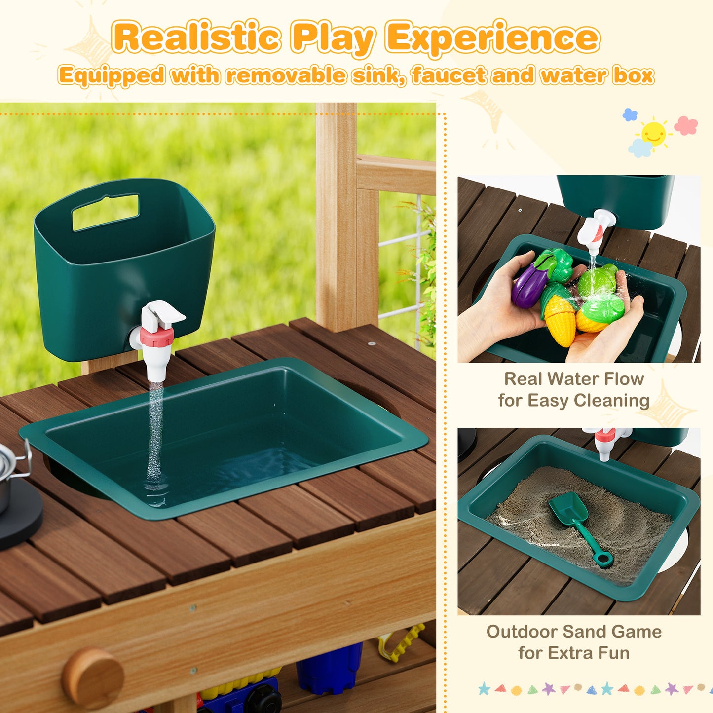 Play Kitchen for Kids Wooden Toy Kitchen Playset Pretend Mud Kitchen-Brown
