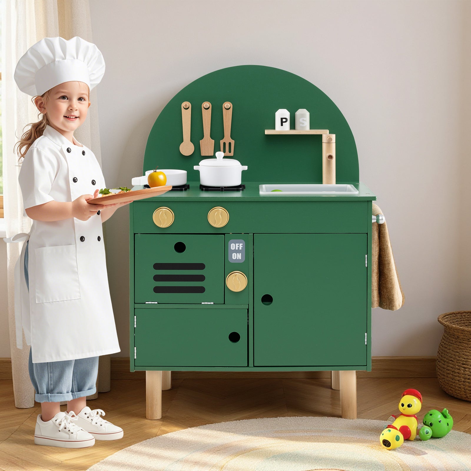 Play Kitchen for Kids Wooden Kitchen Playset with Stoves Faucet Sink Microwave and Oven-Green