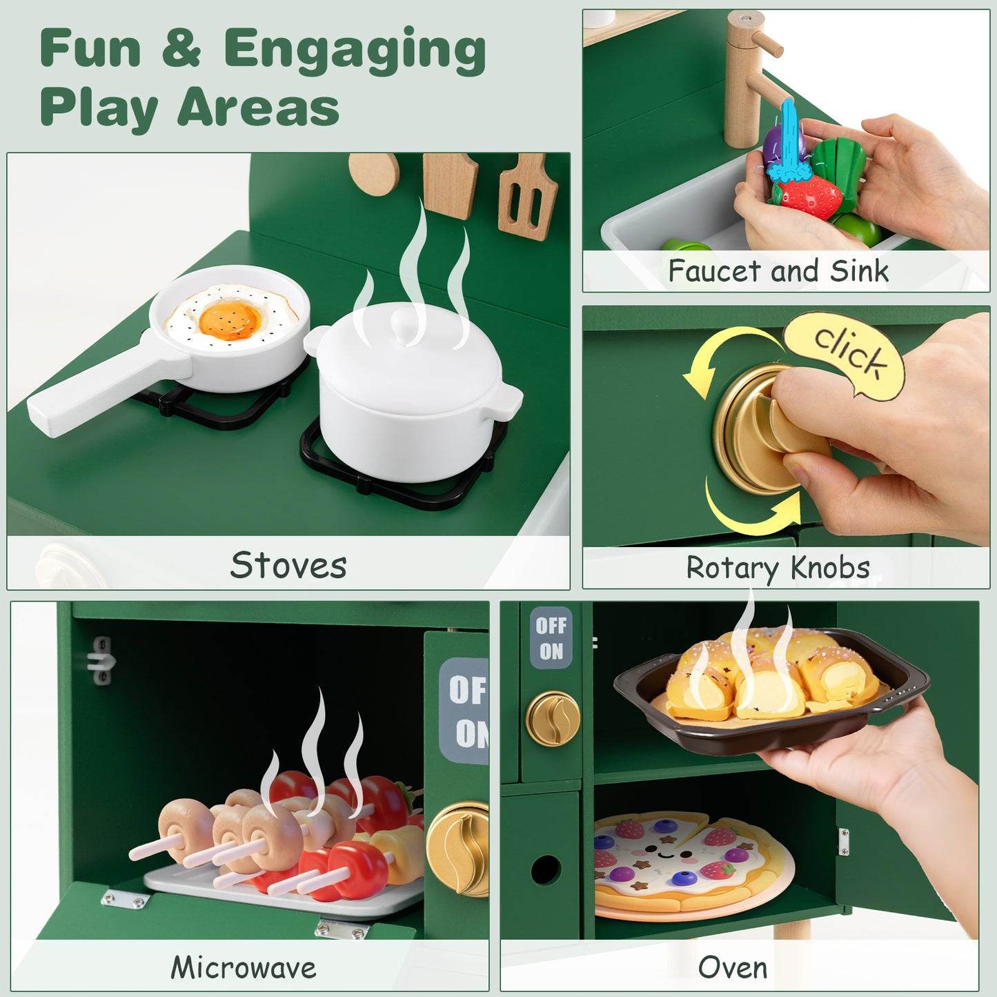Play Kitchen for Kids Wooden Kitchen Playset with Stoves Faucet Sink Microwave and Oven-Green