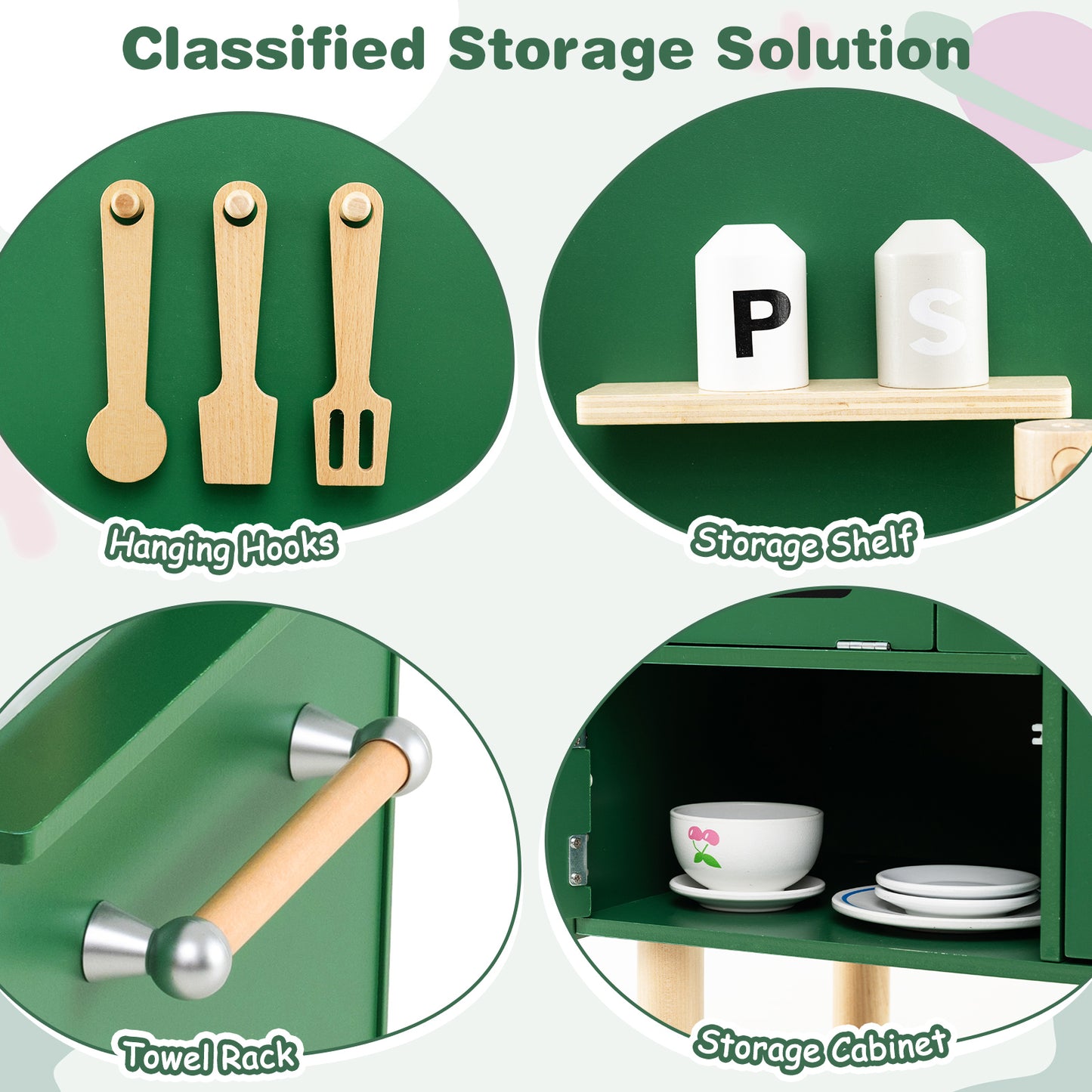 Play Kitchen for Kids Wooden Kitchen Playset with Stoves Faucet Sink Microwave and Oven-Green