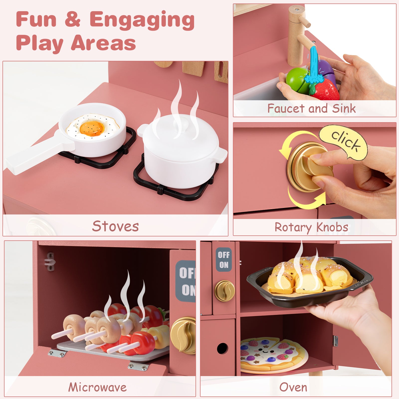 Play Kitchen for Kids Wooden Kitchen Playset with Stoves Faucet Sink Microwave and Oven-Pink