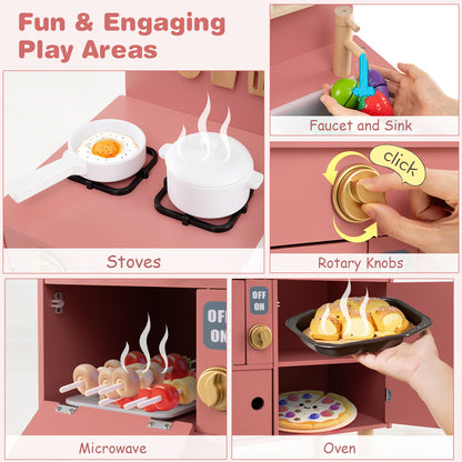 Play Kitchen for Kids Wooden Kitchen Playset with Stoves Faucet Sink Microwave and Oven-Pink