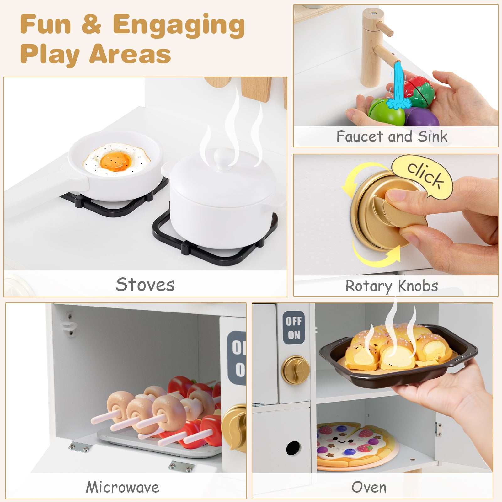 Play Kitchen for Kids Wooden Kitchen Playset with Stoves Faucet Sink Microwave and Oven-White