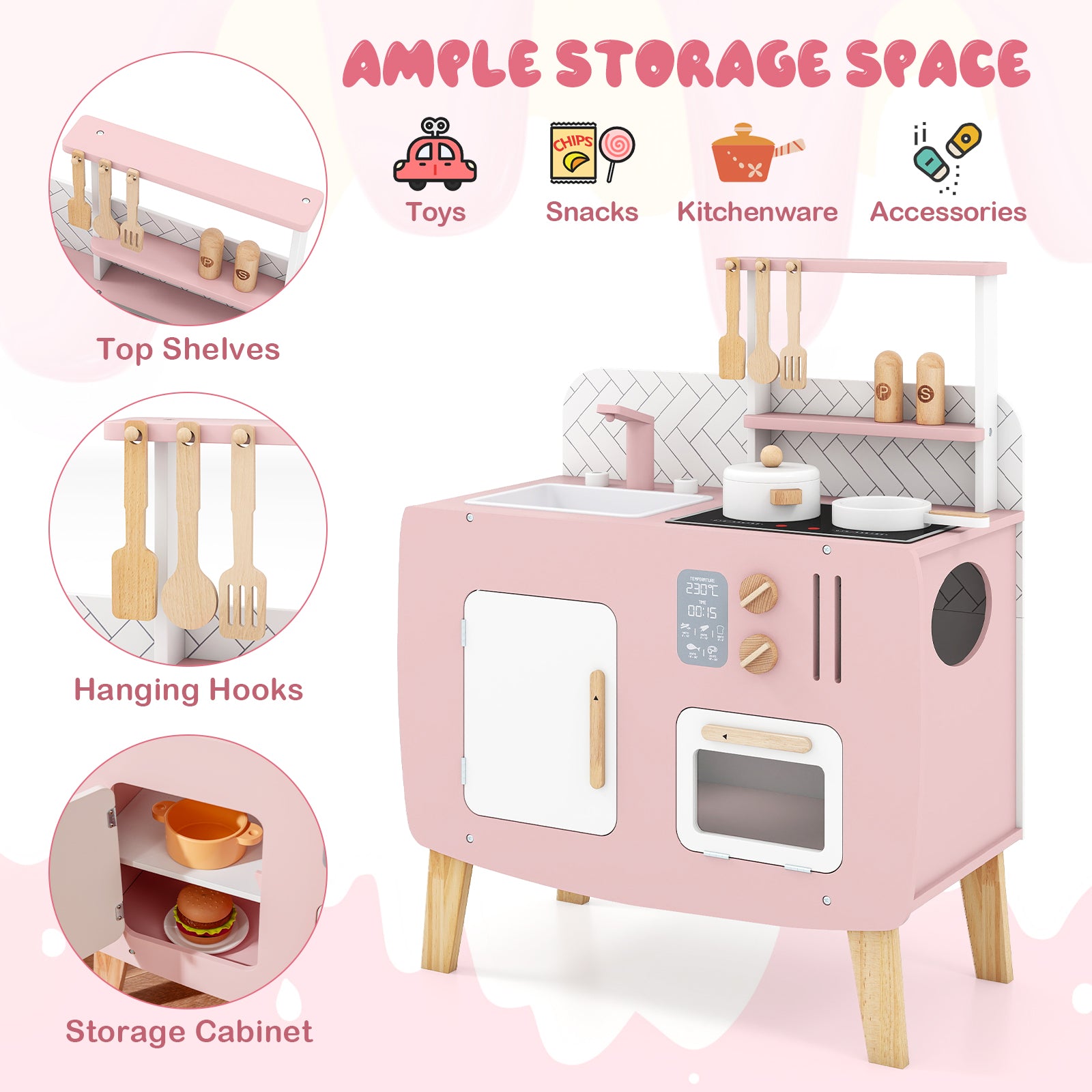 Play Kitchen for Kids Wooden Kitchen Playset with Stoves Sink Faucet and Oven