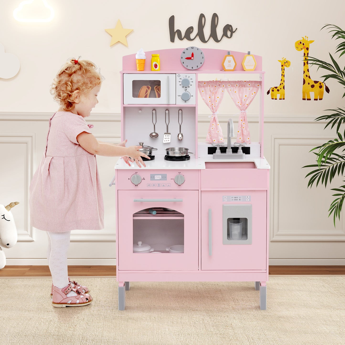 Play Kitchen for Kids Wooden Chef Pretend Playset with 3 Adjustable Heights Microwave-Pink