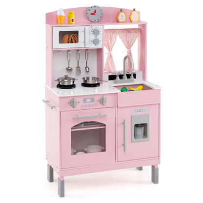 Play Kitchen for Kids Wooden Chef Pretend Playset with 3 Adjustable Heights Microwave-Pink