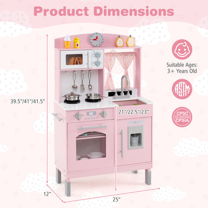 Play Kitchen for Kids Wooden Chef Pretend Playset with 3 Adjustable Heights Microwave-Pink