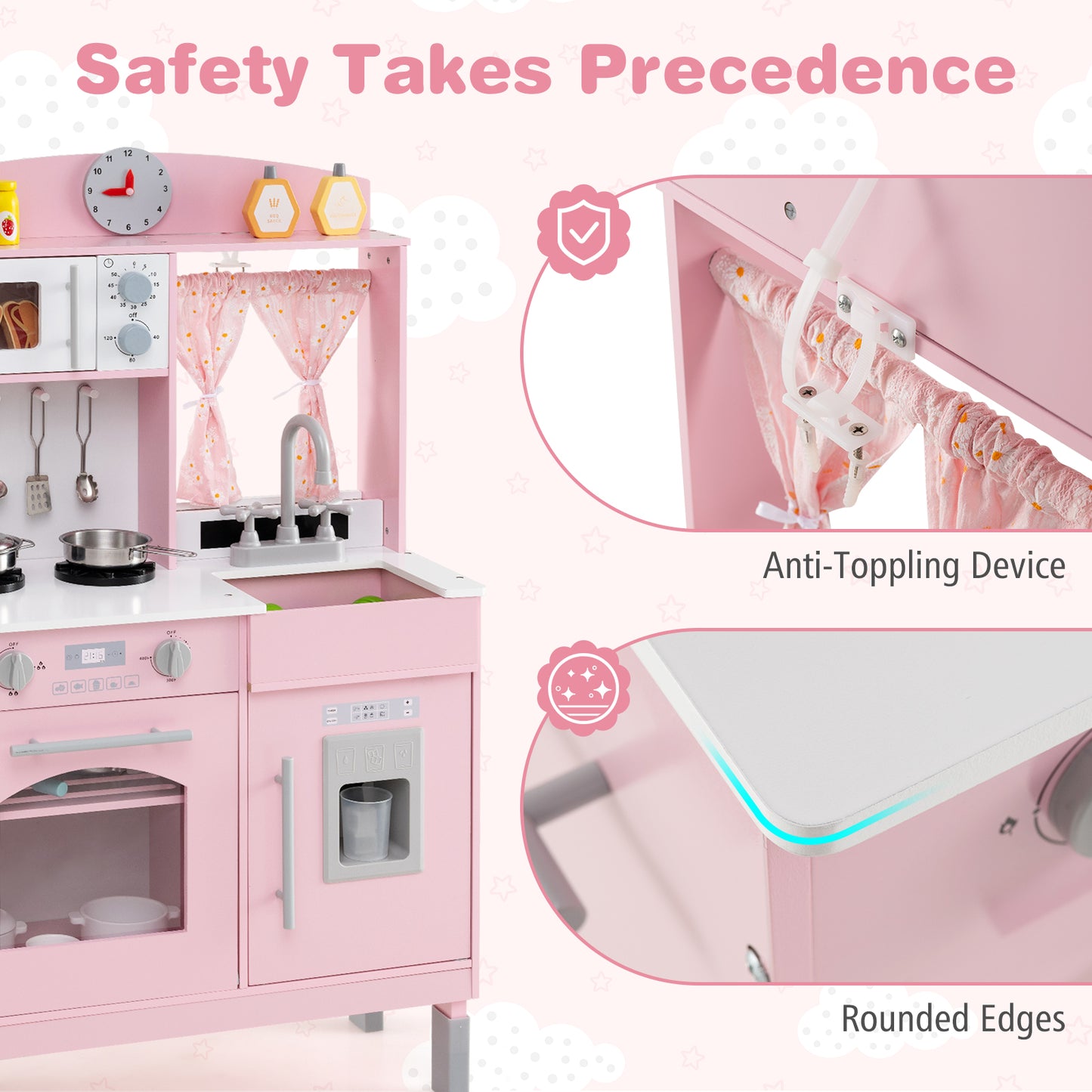 Play Kitchen for Kids Wooden Chef Pretend Playset with 3 Adjustable Heights Microwave-Pink