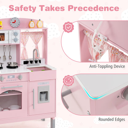 Play Kitchen for Kids Wooden Chef Pretend Playset with 3 Adjustable Heights Microwave-Pink
