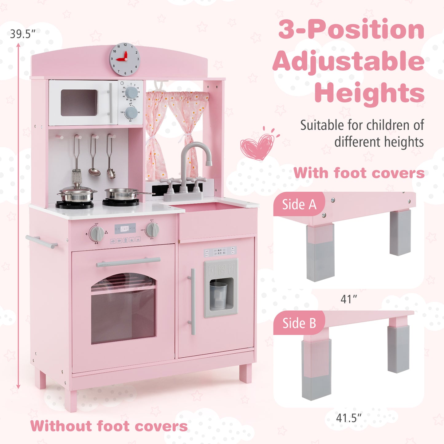 Play Kitchen for Kids Wooden Chef Pretend Playset with 3 Adjustable Heights Microwave-Pink