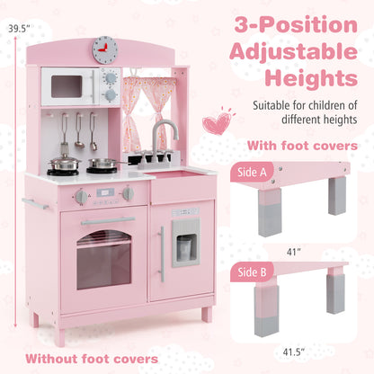 Play Kitchen for Kids Wooden Chef Pretend Playset with 3 Adjustable Heights Microwave-Pink