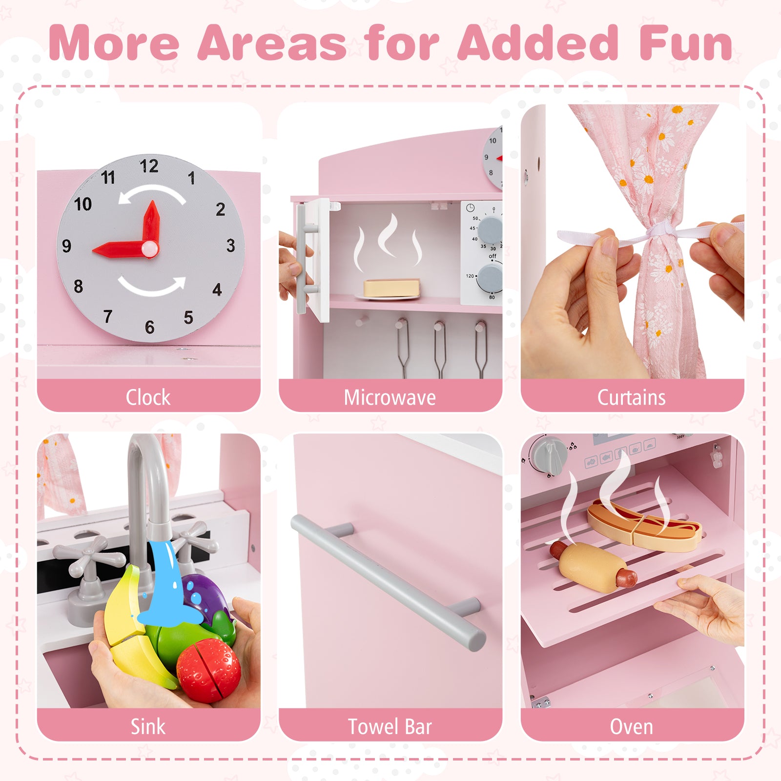 Play Kitchen for Kids Wooden Chef Pretend Playset with 3 Adjustable Heights Microwave-Pink