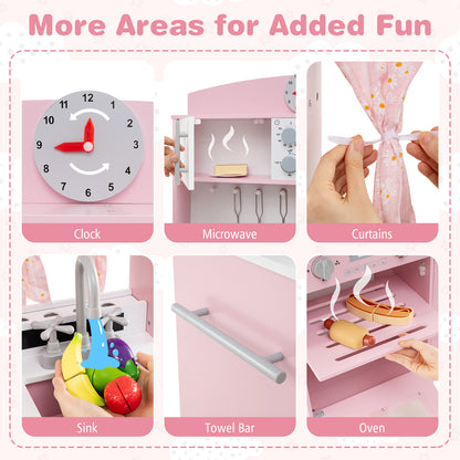 Play Kitchen for Kids Wooden Chef Pretend Playset with 3 Adjustable Heights Microwave-Pink