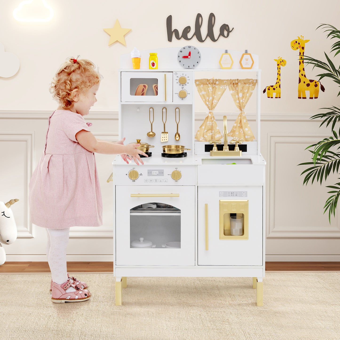 Play Kitchen for Kids Wooden Chef Pretend Playset with 3 Adjustable Heights Microwave-Gold