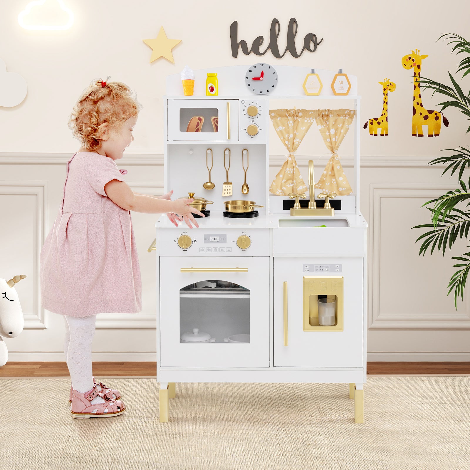 Play Kitchen for Kids Wooden Chef Pretend Playset with 3 Adjustable Heights Microwave-Gold