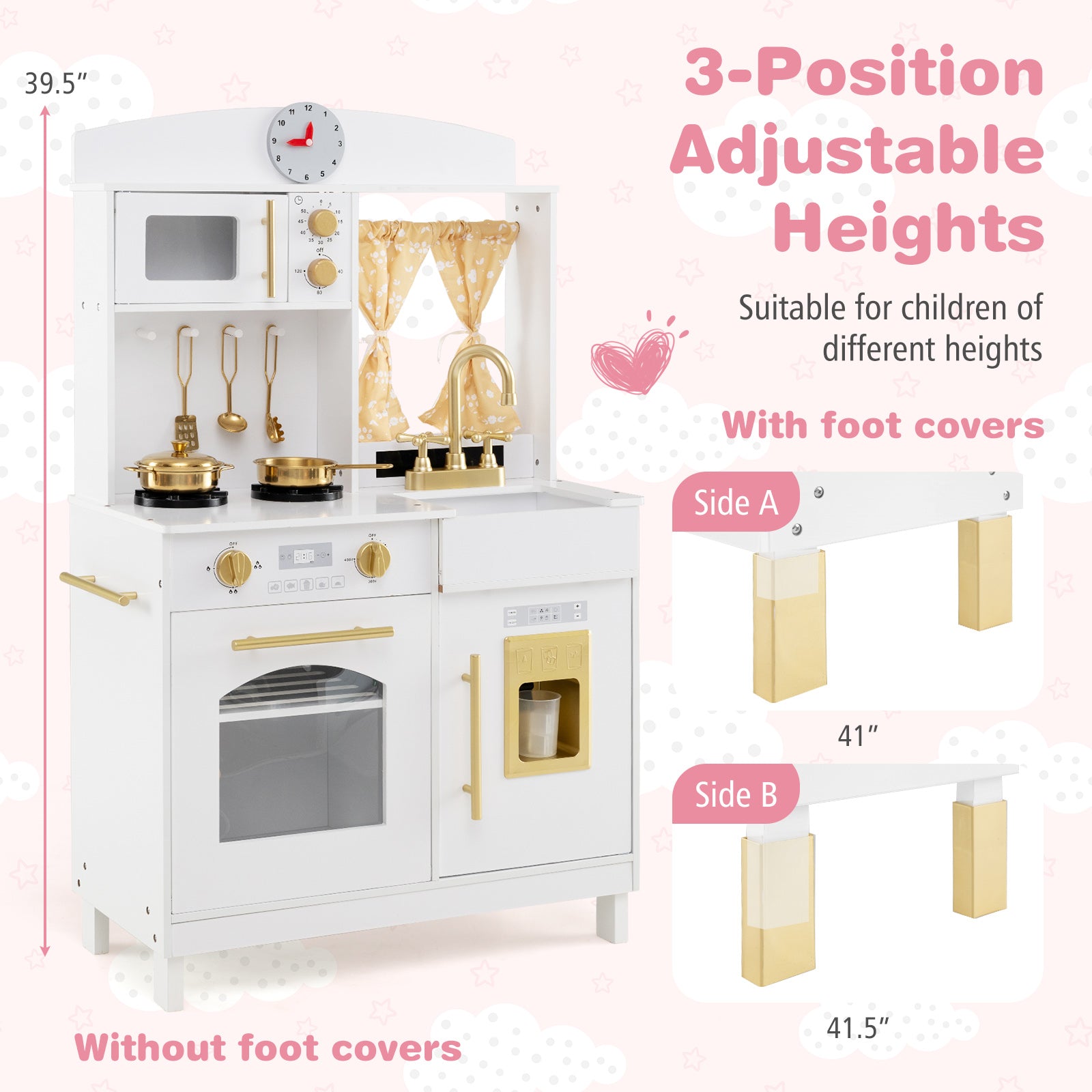 Play Kitchen for Kids Wooden Chef Pretend Playset with 3 Adjustable Heights Microwave-Gold