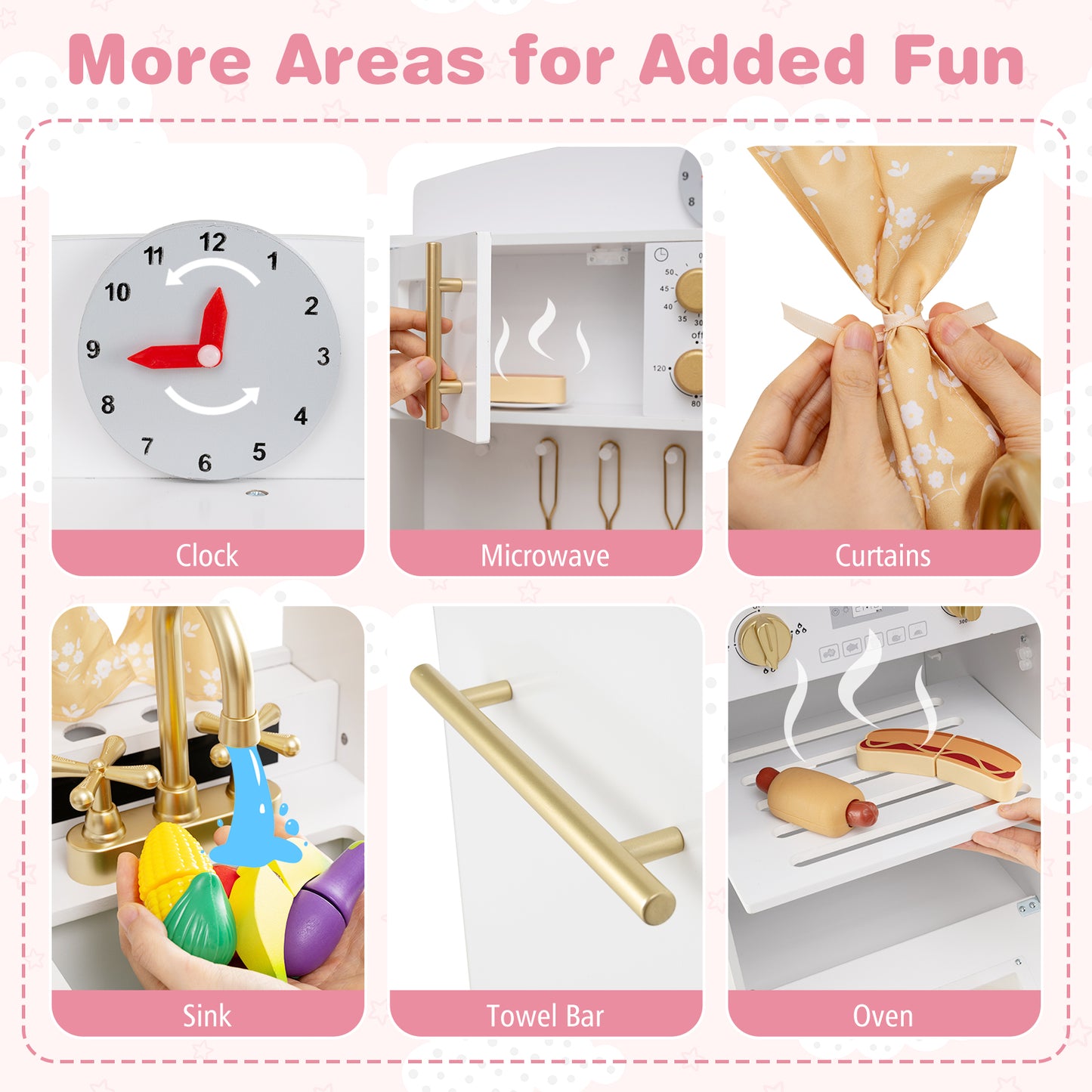 Play Kitchen for Kids Wooden Chef Pretend Playset with 3 Adjustable Heights Microwave-Gold