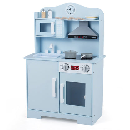 Wooden Play Kitchen Set with Range Hood and Microwave