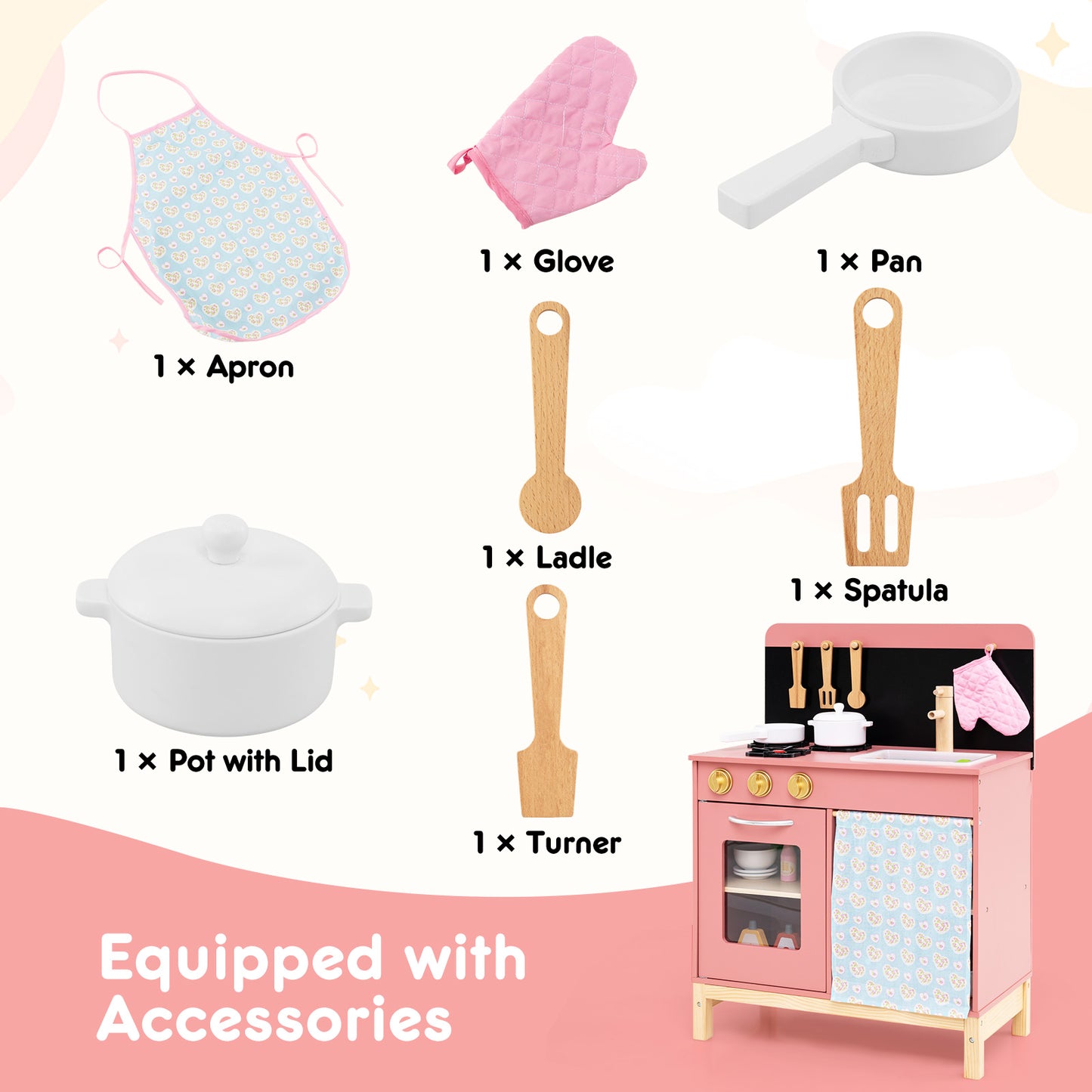 Play Kitchen for Kids Wooden Kitchen Playset with Door Curtain-Pink