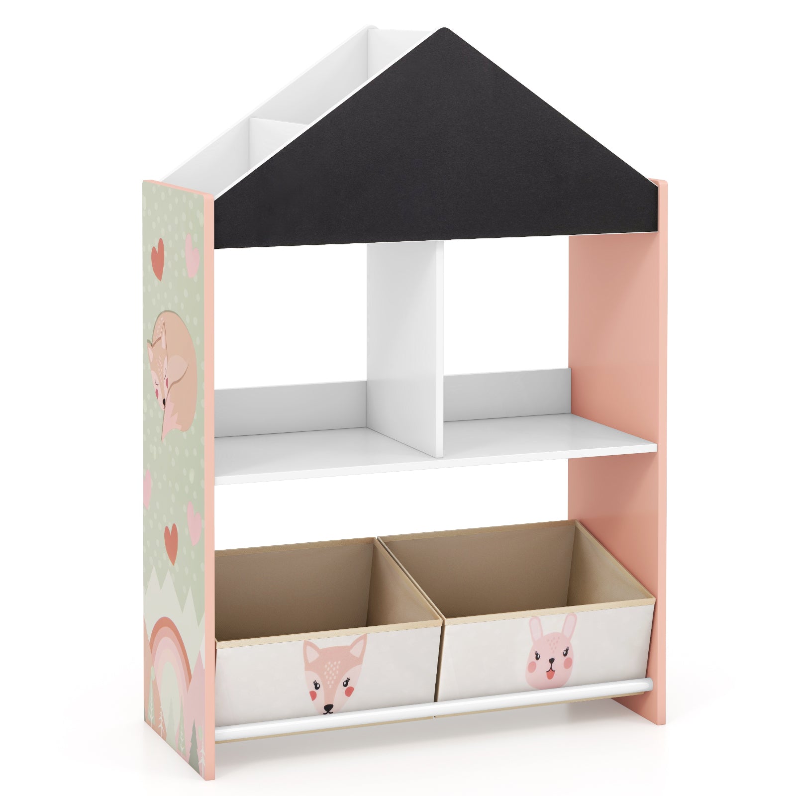 Playhouse Kids Bookshelf with Chalkboard and Whiteboard for 3-6 Years-Pink - Pink