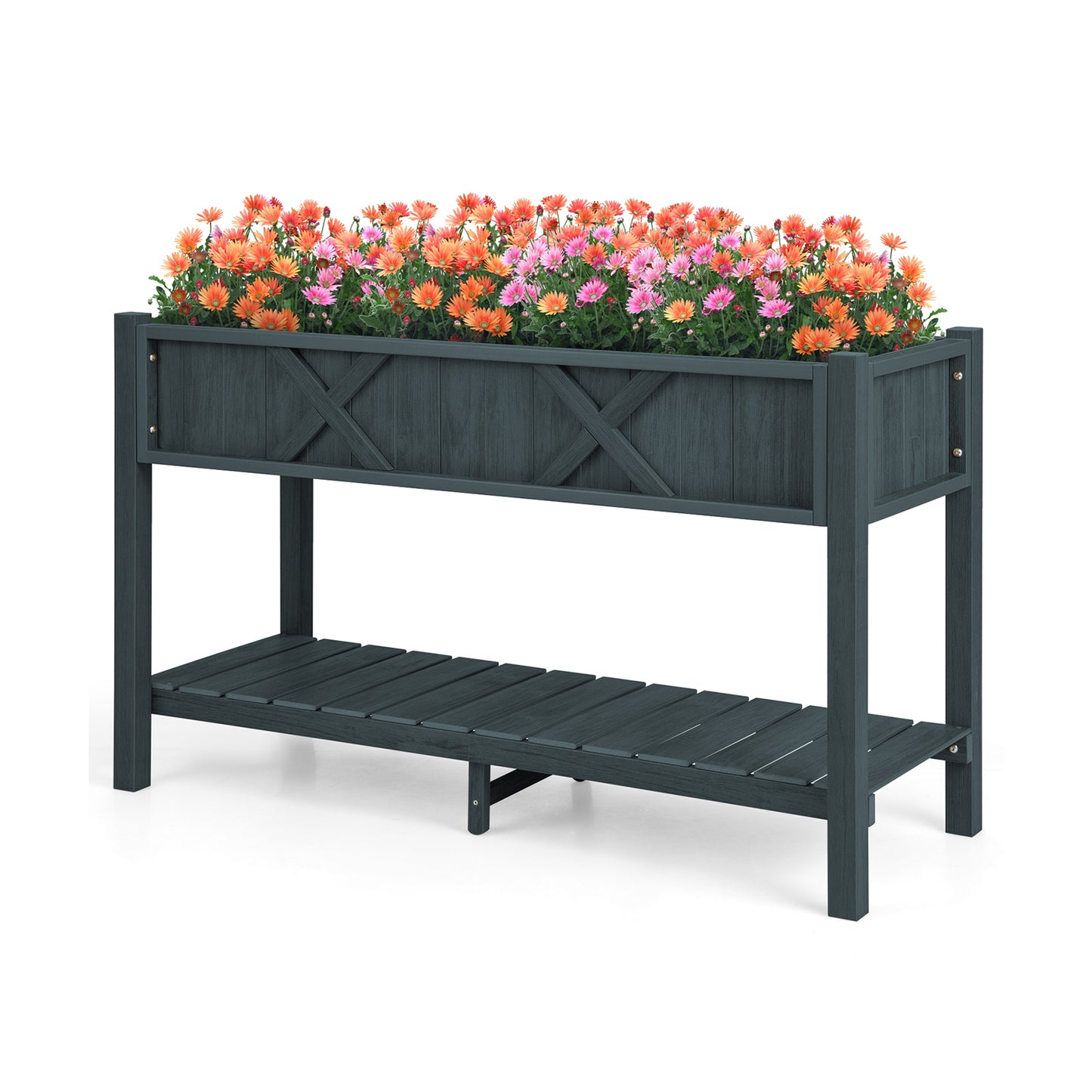 Poly Wood Elevated Planter Box with Legs Storage Shelf Drainage Holes-Coffee - Black