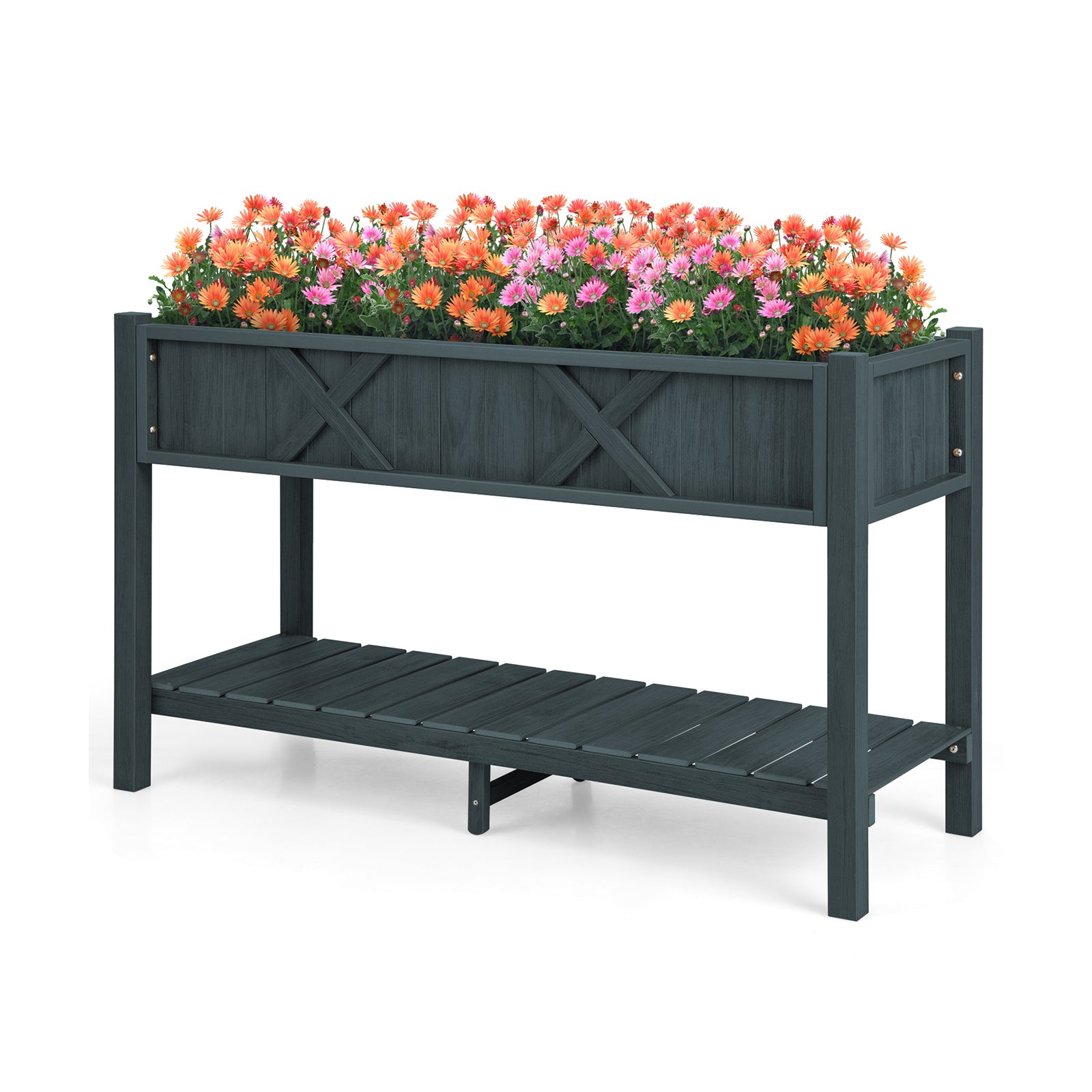 Poly Wood Elevated Planter Box with Legs Storage Shelf Drainage Holes-Coffee - Black
