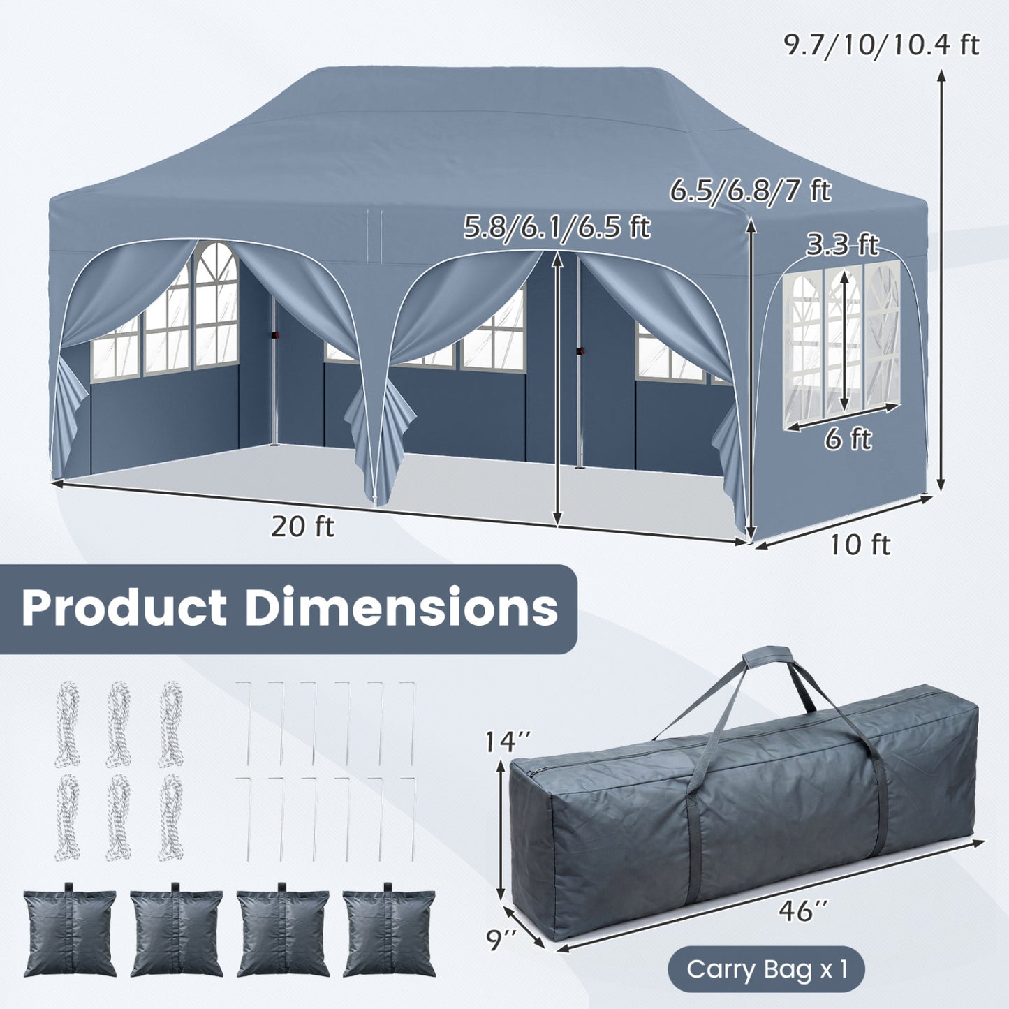 Pop Up Canopy Tent 10x20 ft with 6 Removable Sidewalls