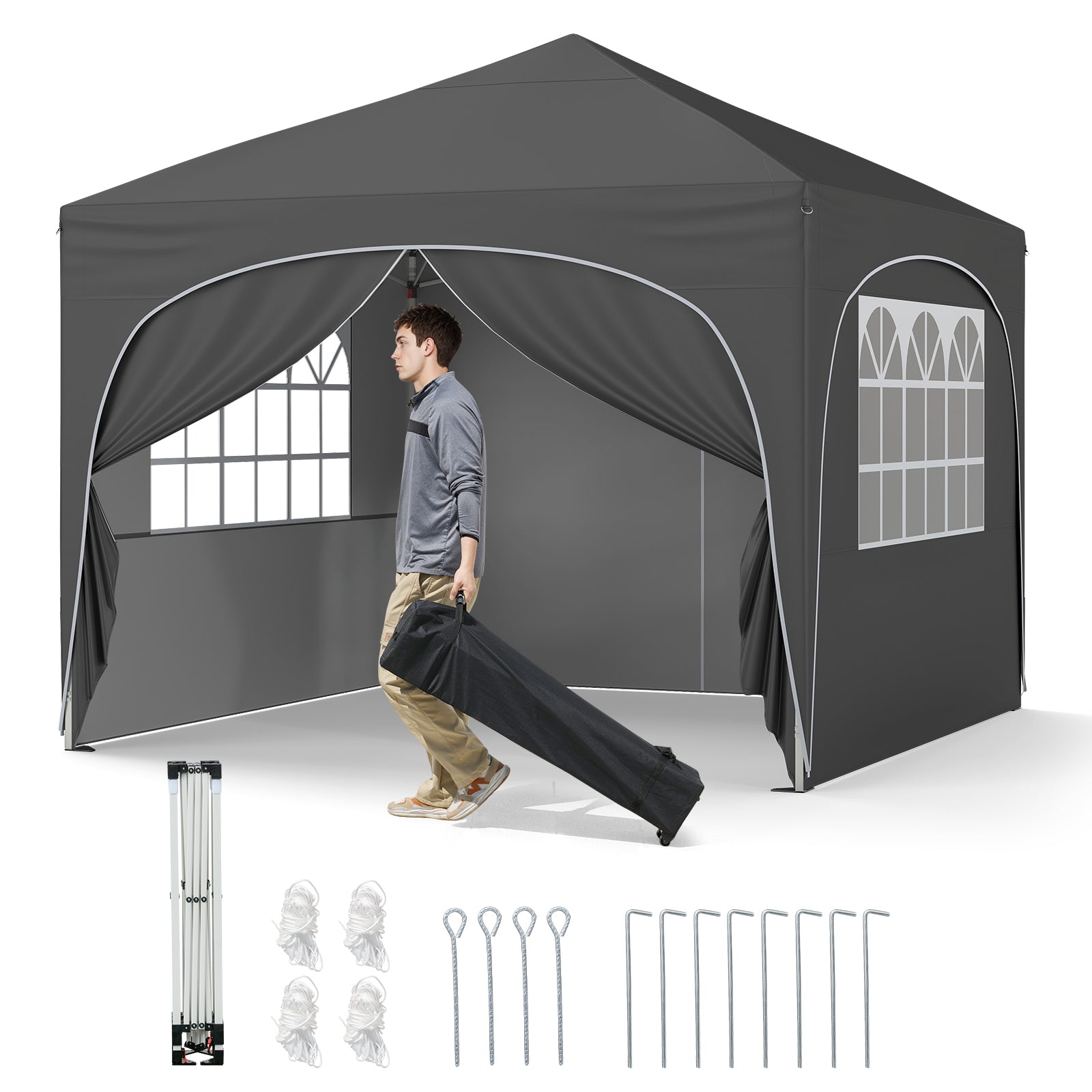 10 X 10 FT Pop up Canopy Tent with 4 Removable Sidewall-White - Gray