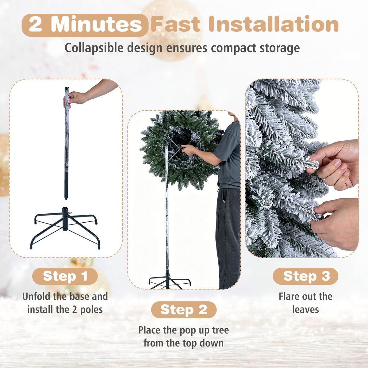 Pop up Christmas Tree with Snowy Branch Tips and Folding Metal Stand for Party