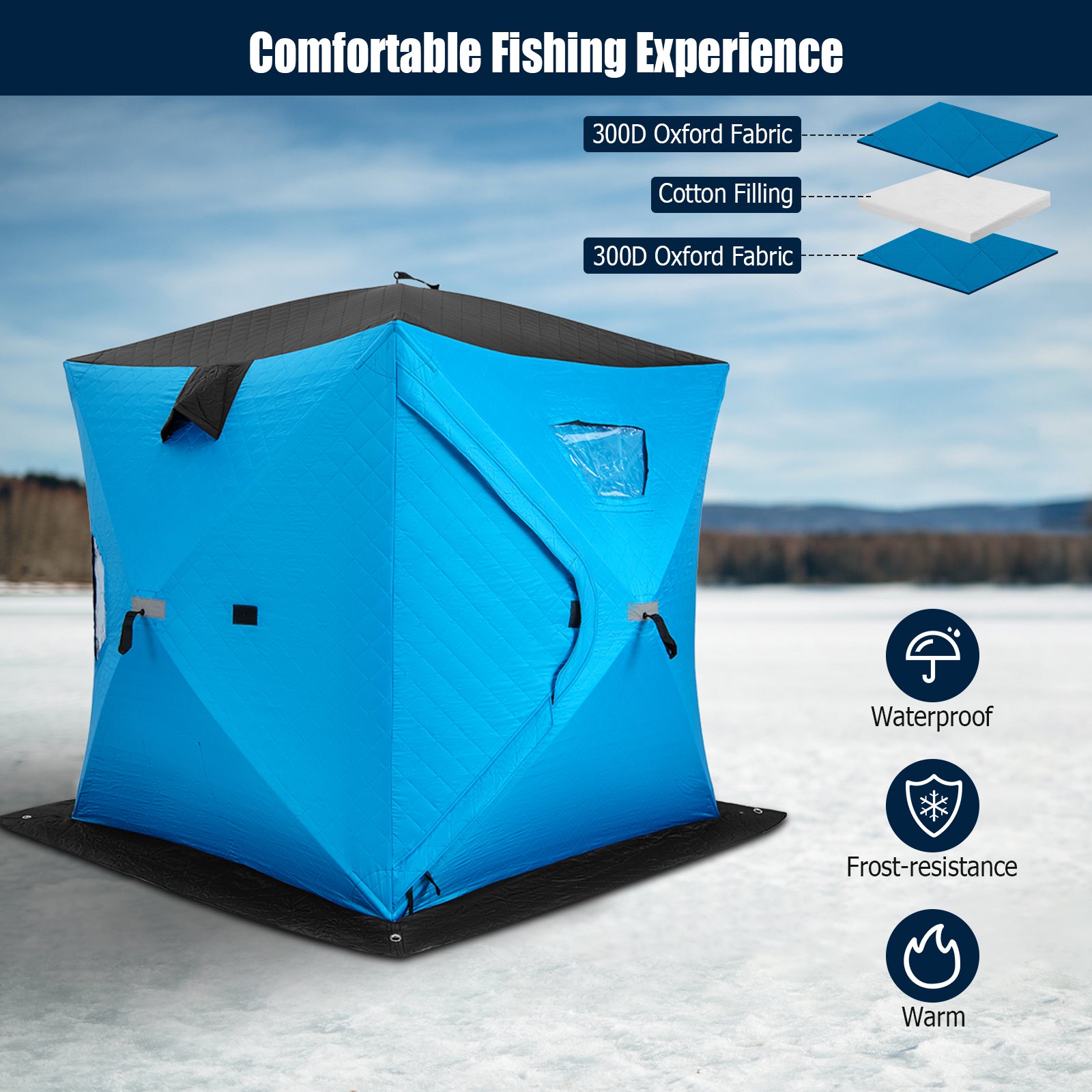 Portable 2 Person Ice Shanty with Cotton Padded Walls-Blue