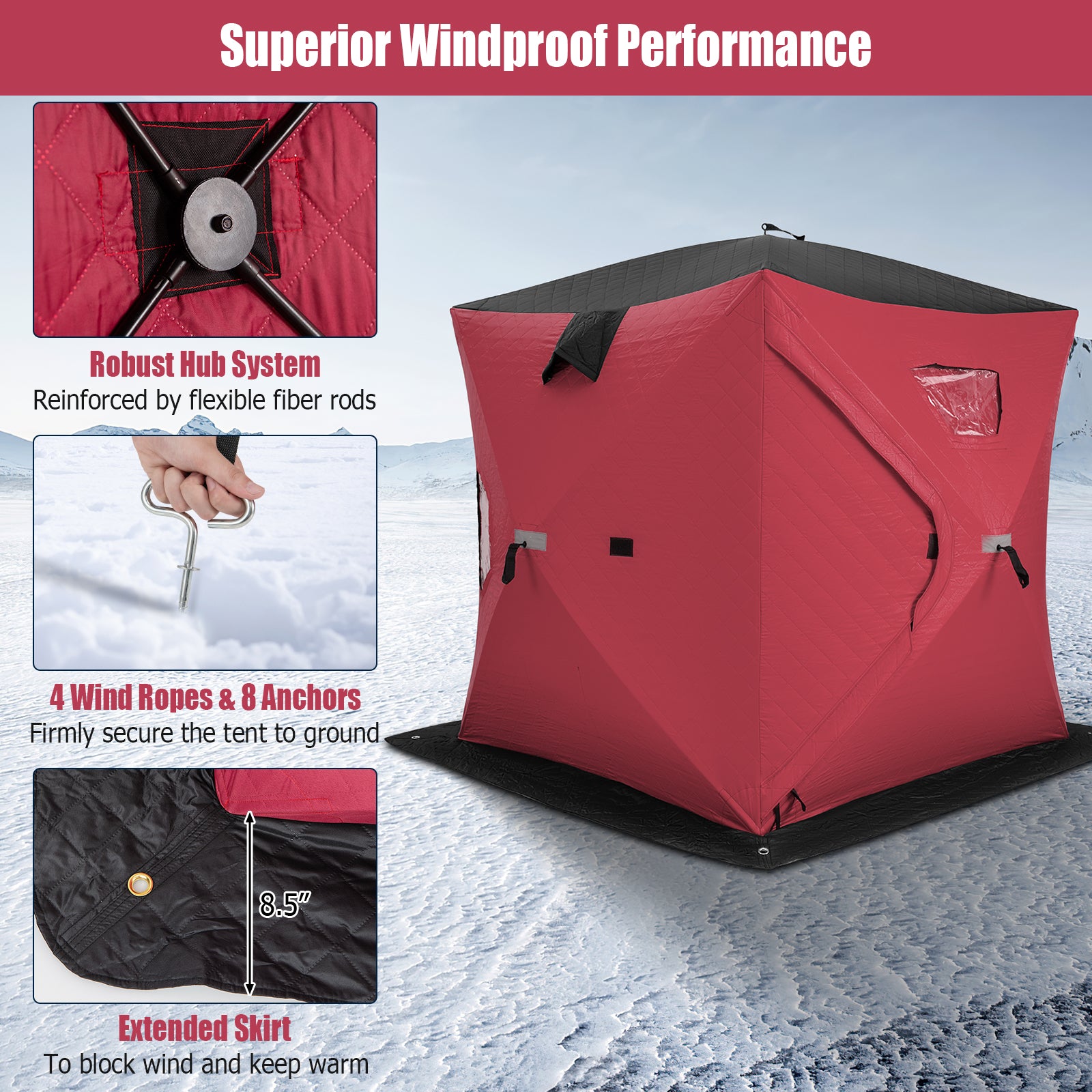 Portable 2 Person Ice Shanty with Cotton Padded Walls-Red
