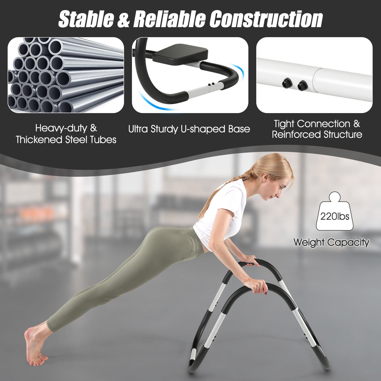Portable AB Trainer Fitness Crunch Workout Exerciser with Headrest-Black - White