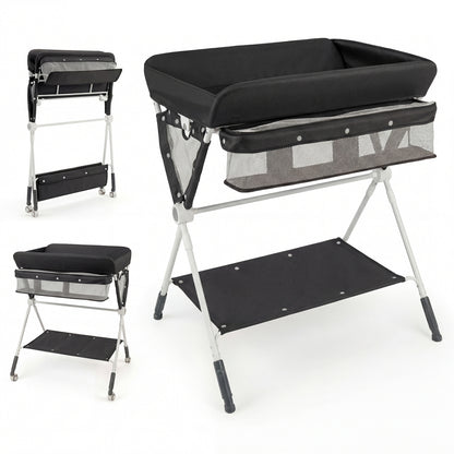 Portable Baby Changing Table with 3-Level Adjustable Height-Gray - Black