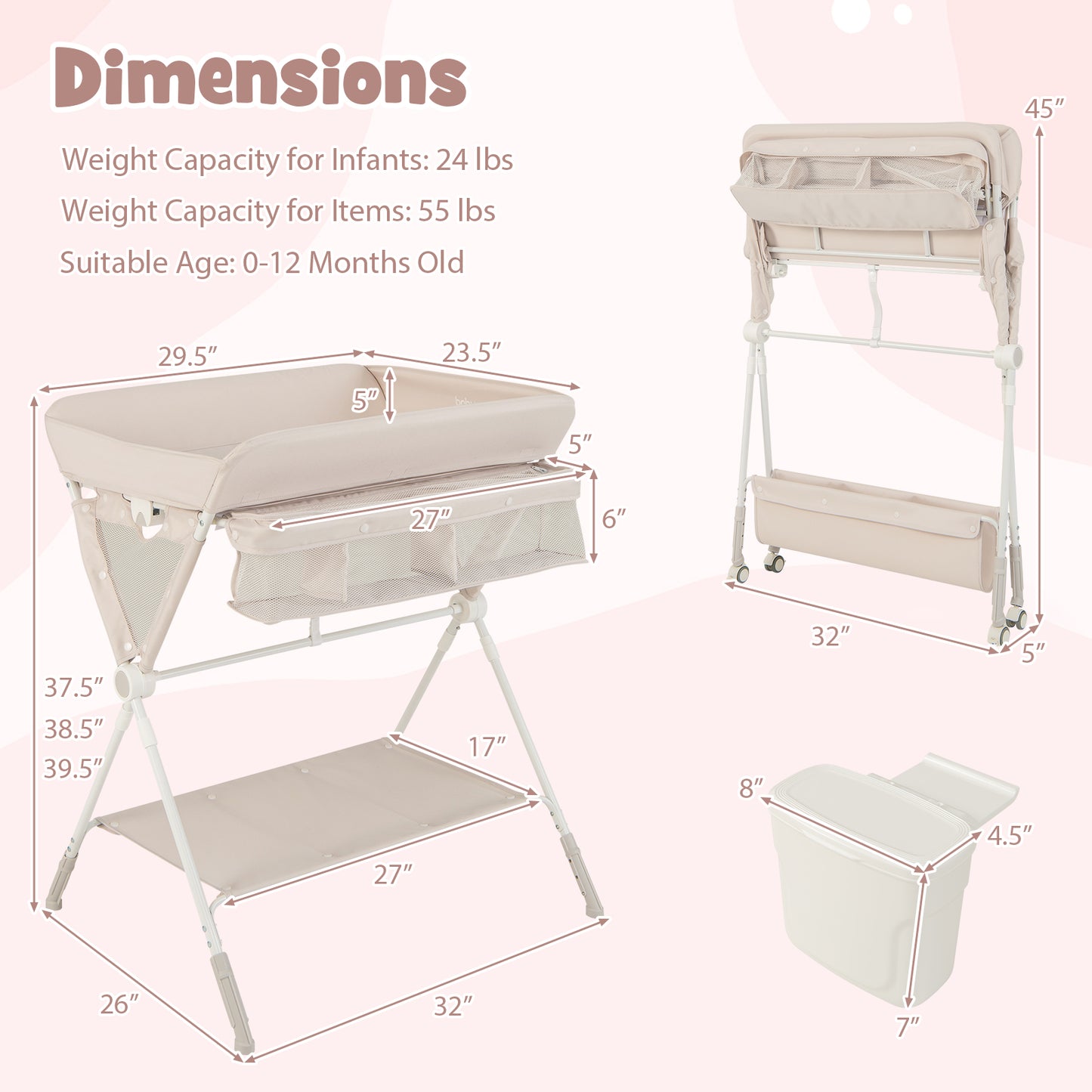 Portable Baby Changing Table with 3-Level Adjustable Height-Gray - Beige