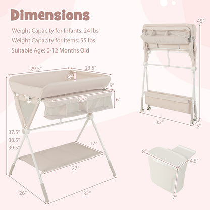 Portable Baby Changing Table with 3-Level Adjustable Height-Gray - Beige