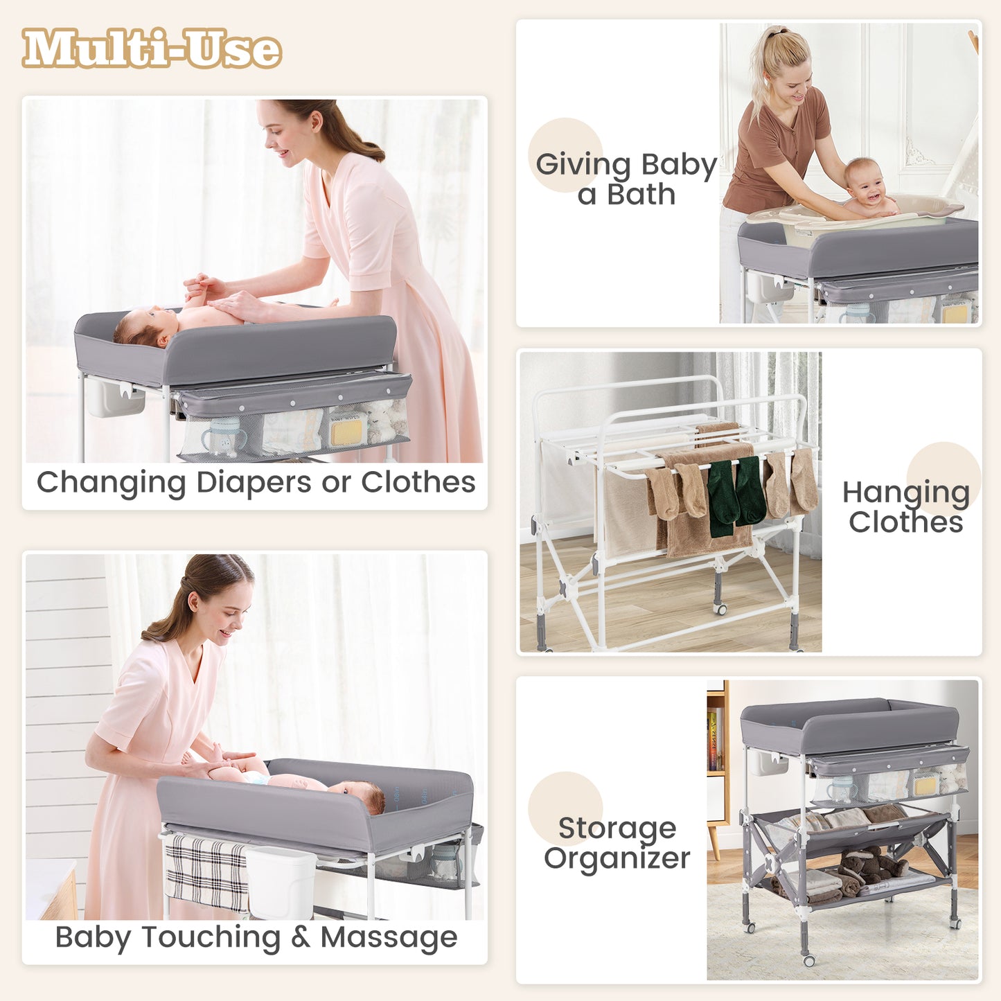 Portable Baby Changing Table with Wheels and Large Storage Rack