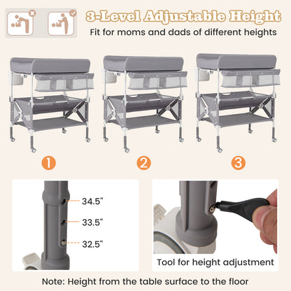 Portable Baby Changing Table with Wheels and Large Storage Rack