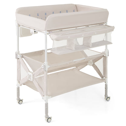 Portable Baby Changing Table with Wheels and Large Storage Rack-Gray - Natural