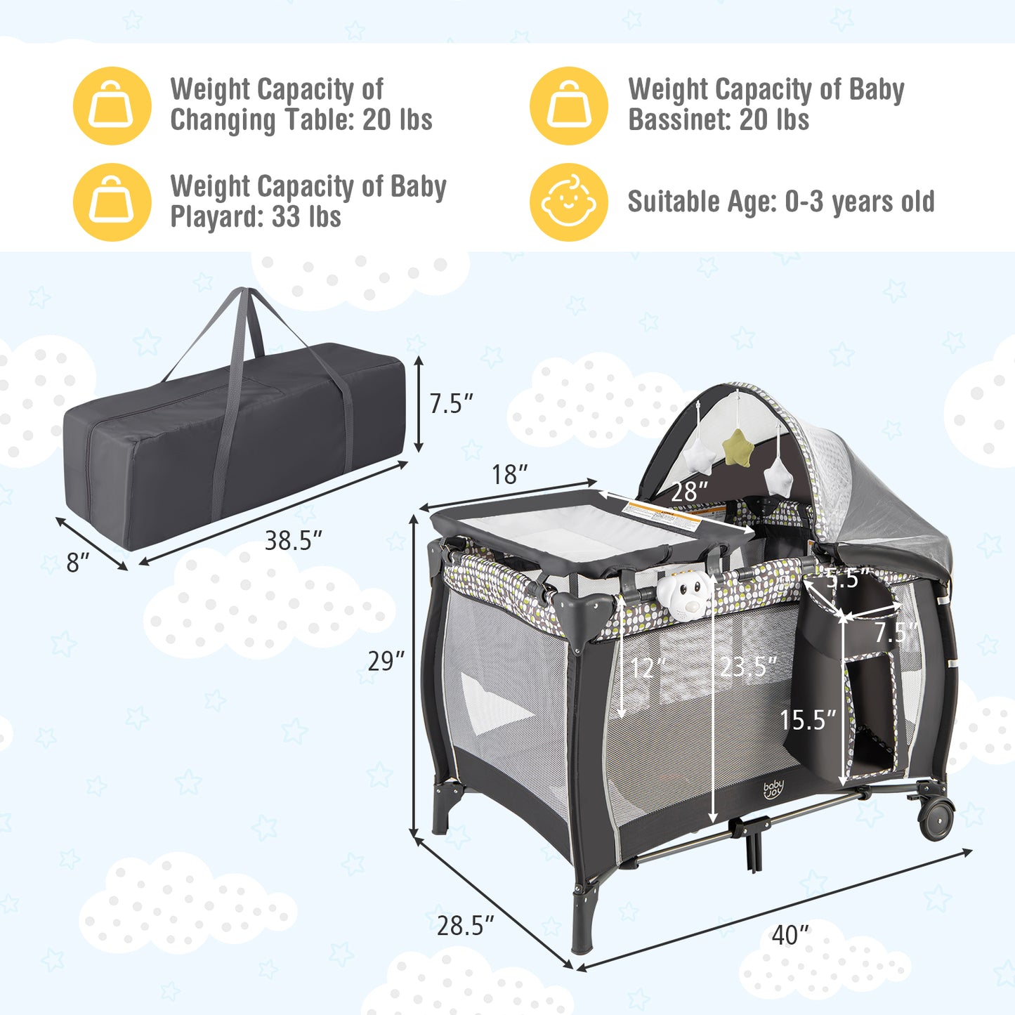 Portable Baby Nursery Center 4-in-1 Portable Travel Crib-Gray - Light Gray