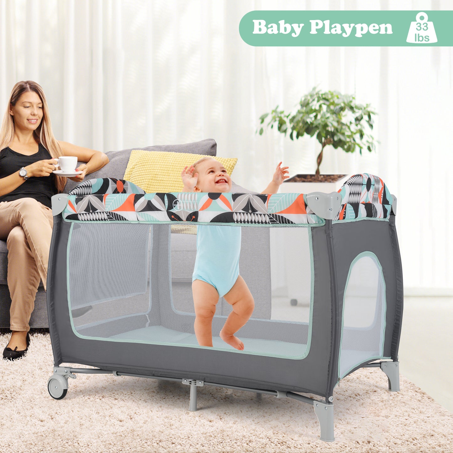 3-in-1 Portable Baby Playard with Zippered Door and Toy Bar