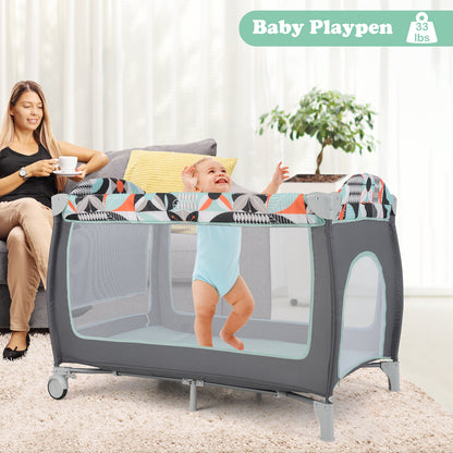 3-in-1 Portable Baby Playard with Zippered Door and Toy Bar