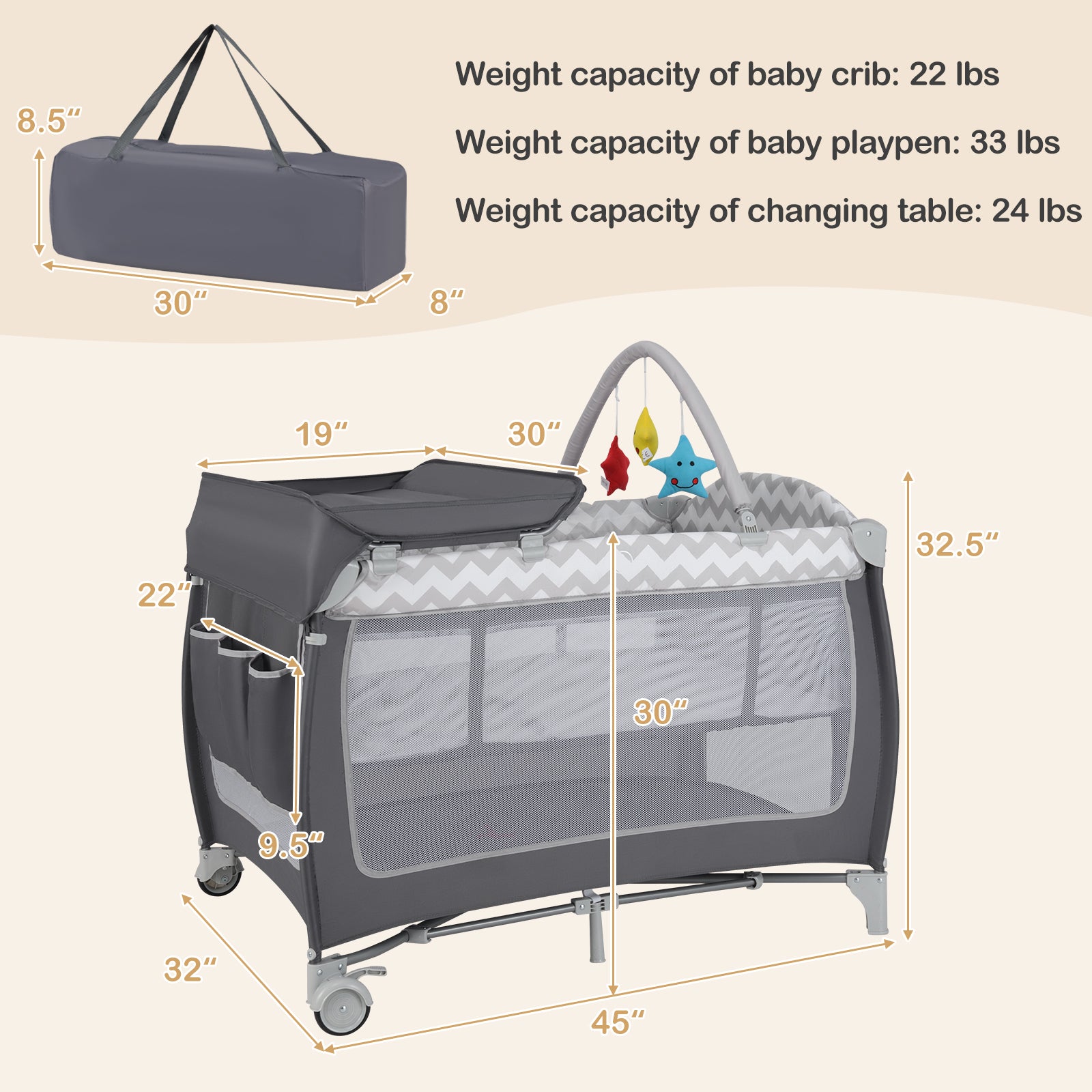3-in-1 Portable Baby Playard with Zippered Door and Toy Bar-Gray - Gray