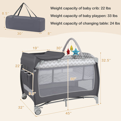 3-in-1 Portable Baby Playard with Zippered Door and Toy Bar-Gray - Gray