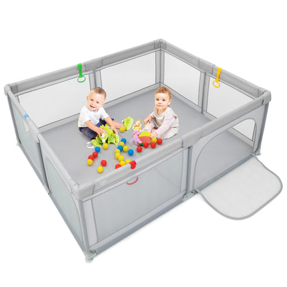 Portable Baby Playpen Large Play Yard with 50 Ocean Balls and 4 Pull Rings-Gray