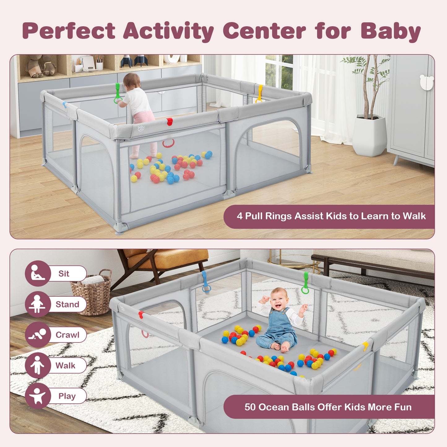 Portable Baby Playpen Large Play Yard with 50 Ocean Balls and 4 Pull Rings-Gray